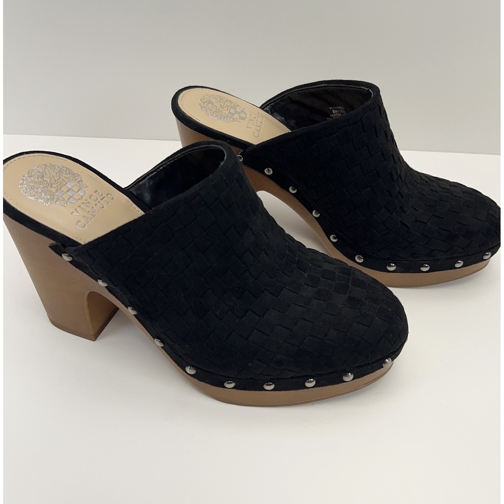 VINCE CAMUTO Cindell Suede Studded Clogs Women's 8 Black 4" Faux Wooden Mules